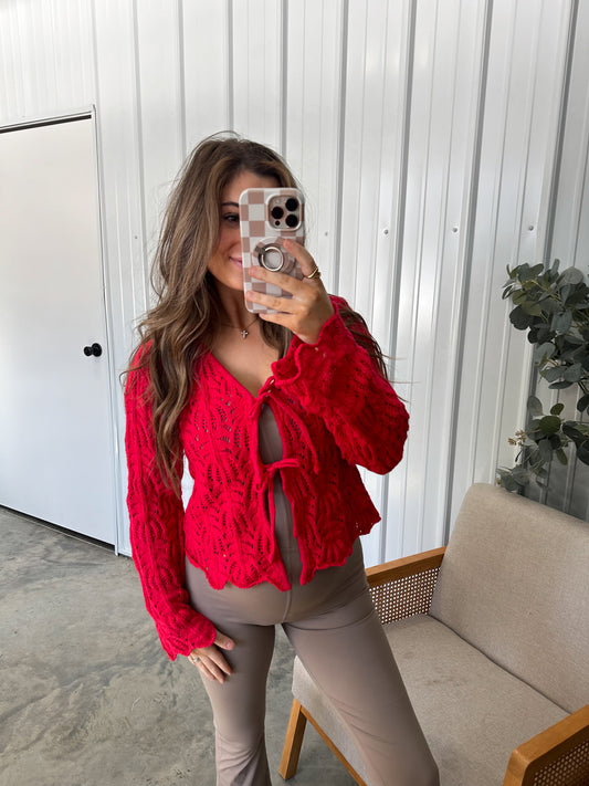 Bell Bow Sleeve Cardigan - Cherry Red