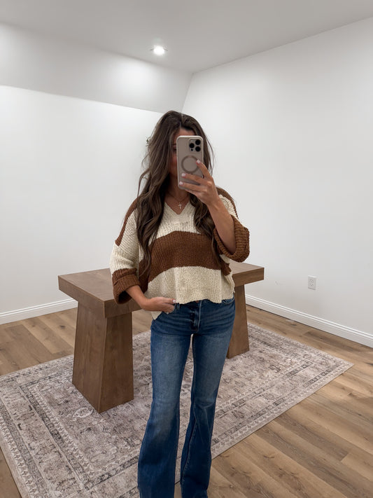 Split Neck Stripe Sweater- Camel
