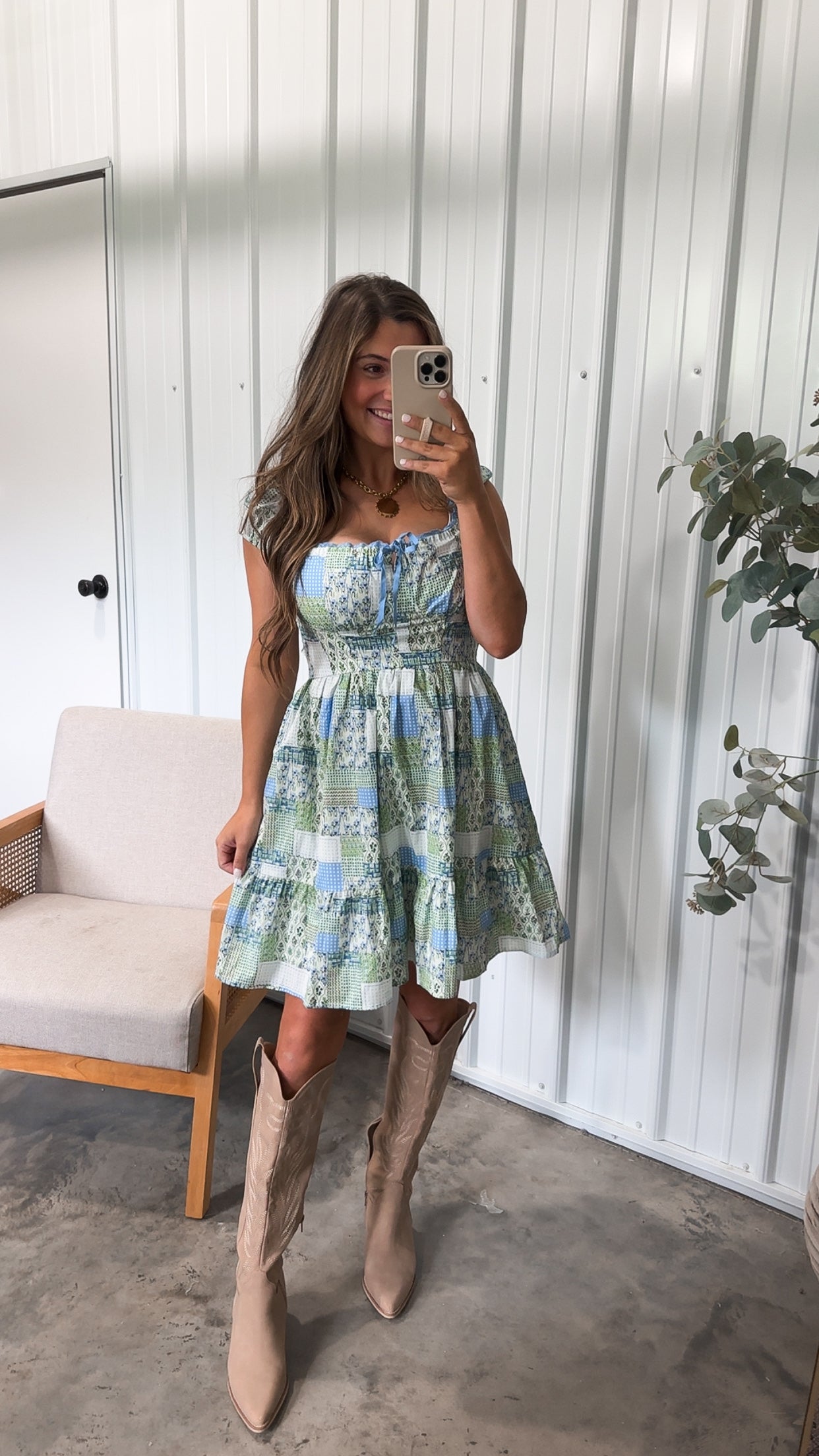 Alayna Patchwork Mini Dress- green/blue