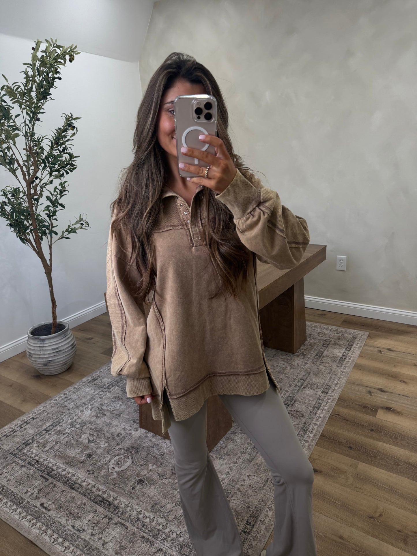 Half Button Oversized Washed Pullover- Mocha