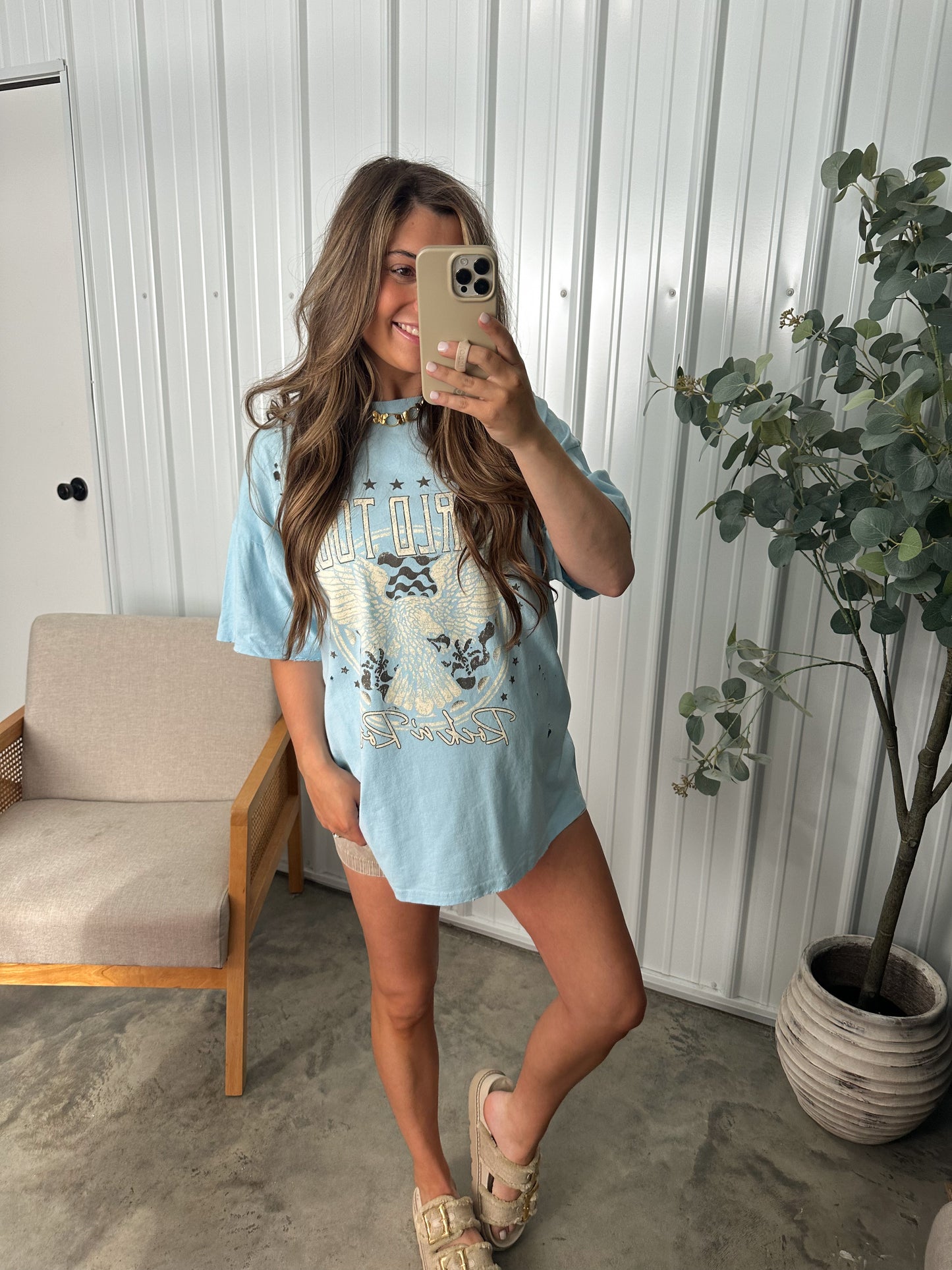 Distressed Rock n Roll Eagle Tee- Light Blue