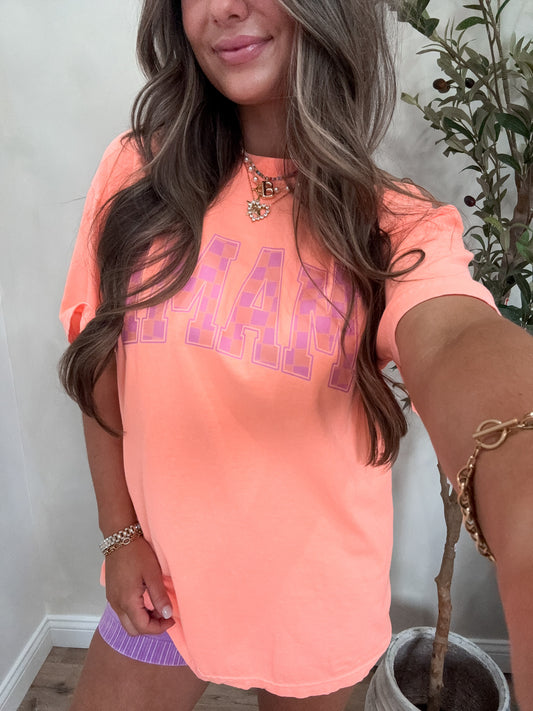 Neon Peach Checkered "MAMA" Tee