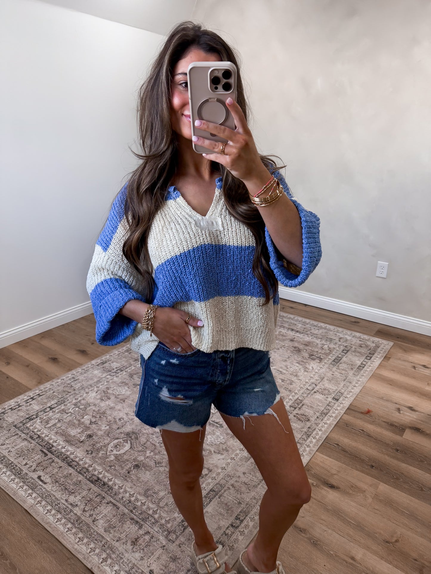 The Eliza Split Neck Stripe Sweater - cornflower blue