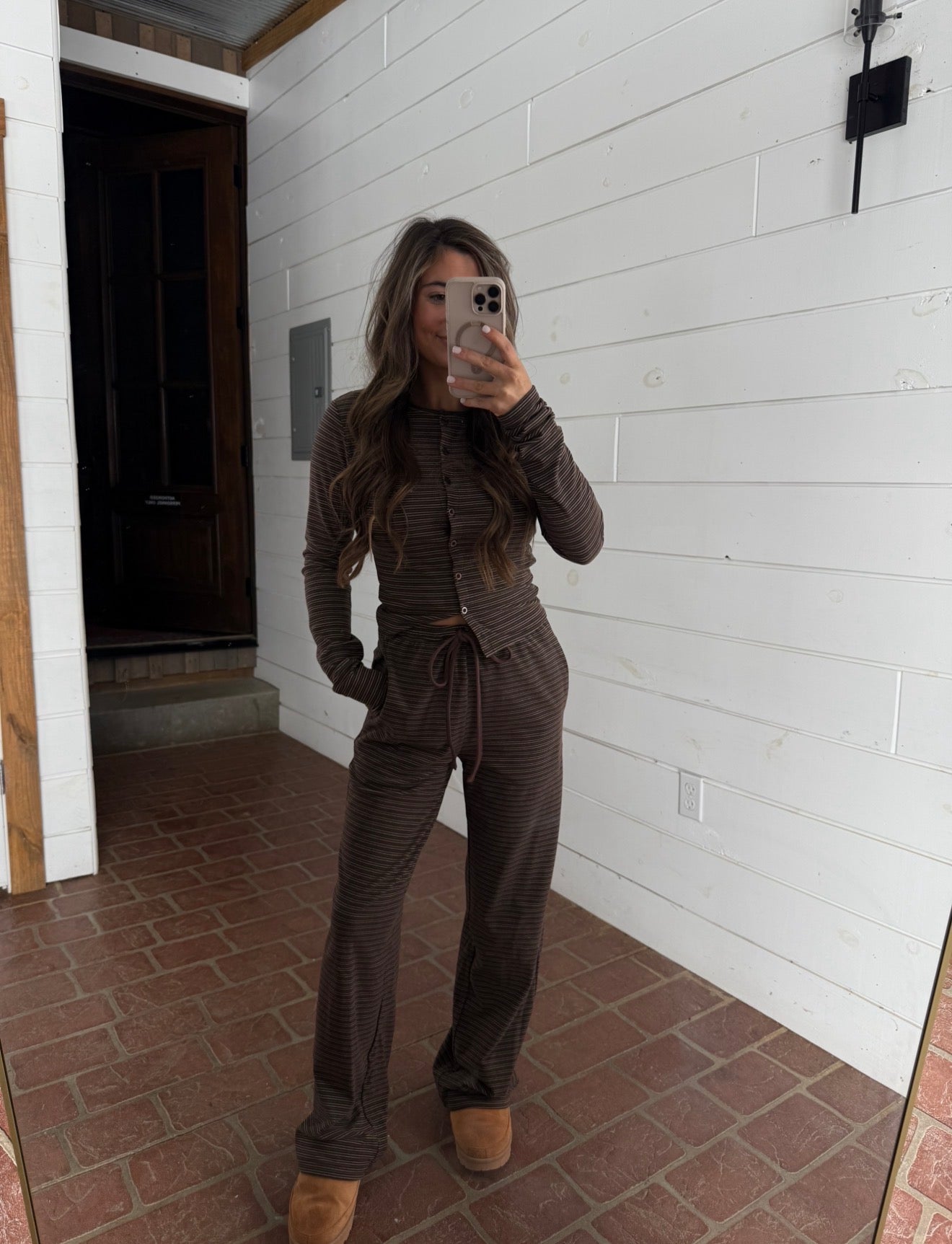 Ribbed Fine Stripe Lounge Set- Brown