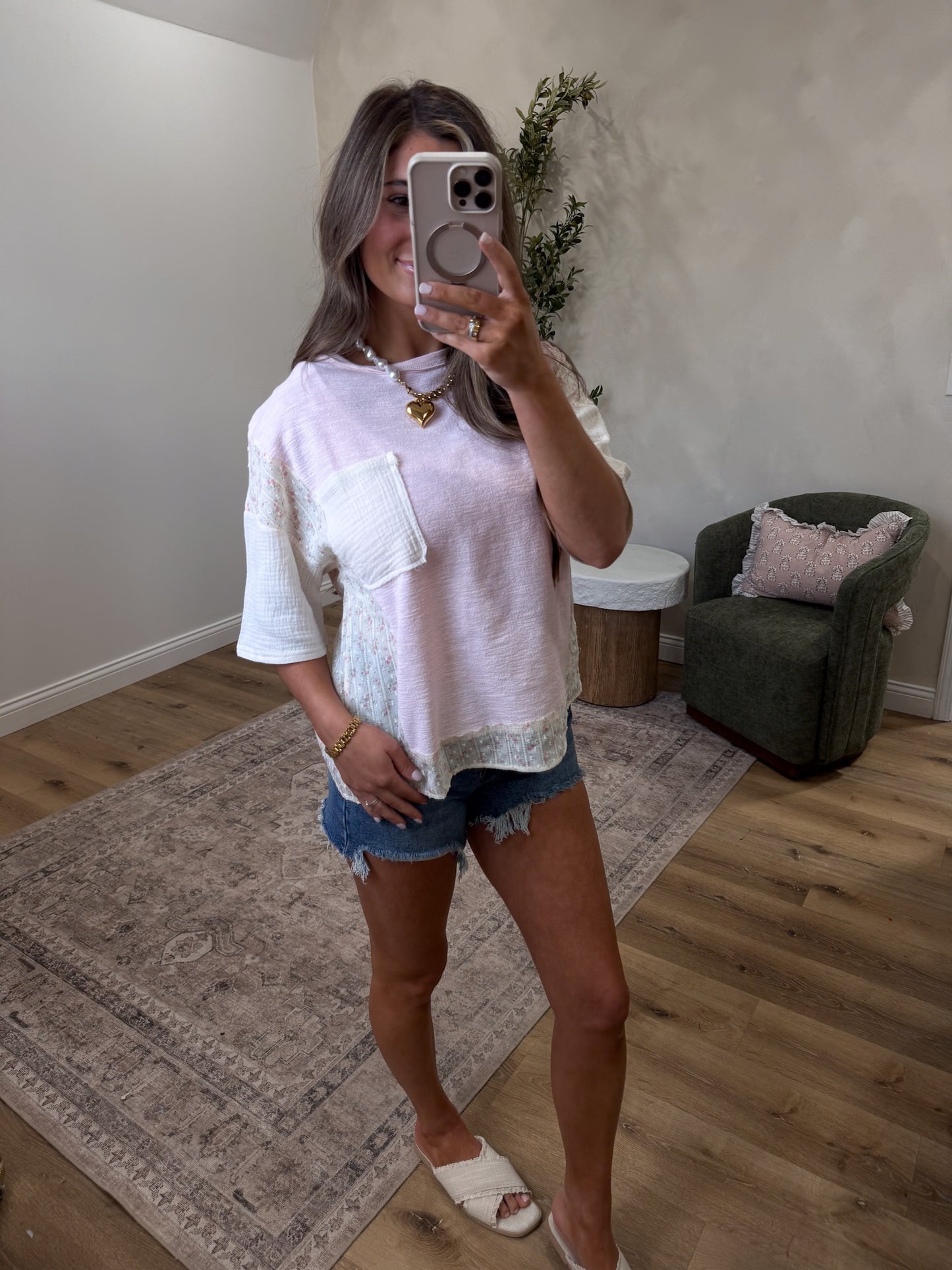 Katie Floral Trim Pocket Tee - pink