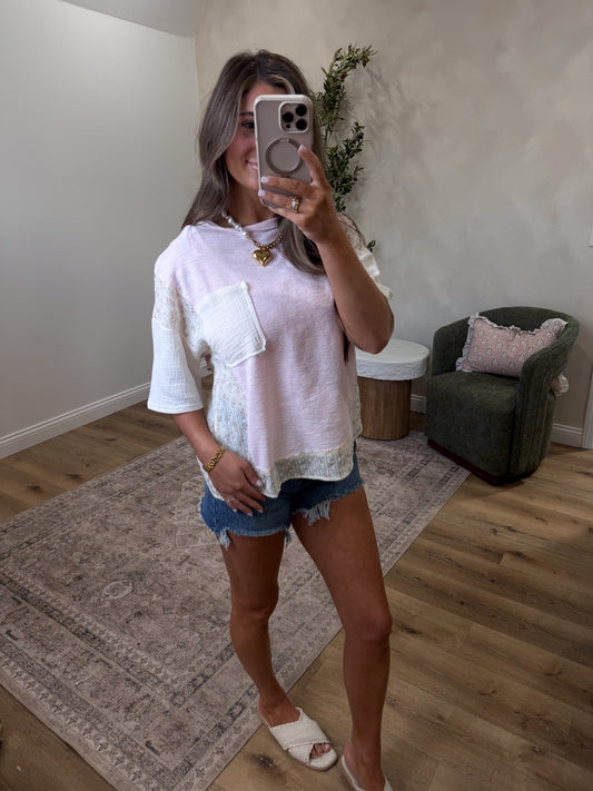 Katie Floral Trim Pocket Tee - pink