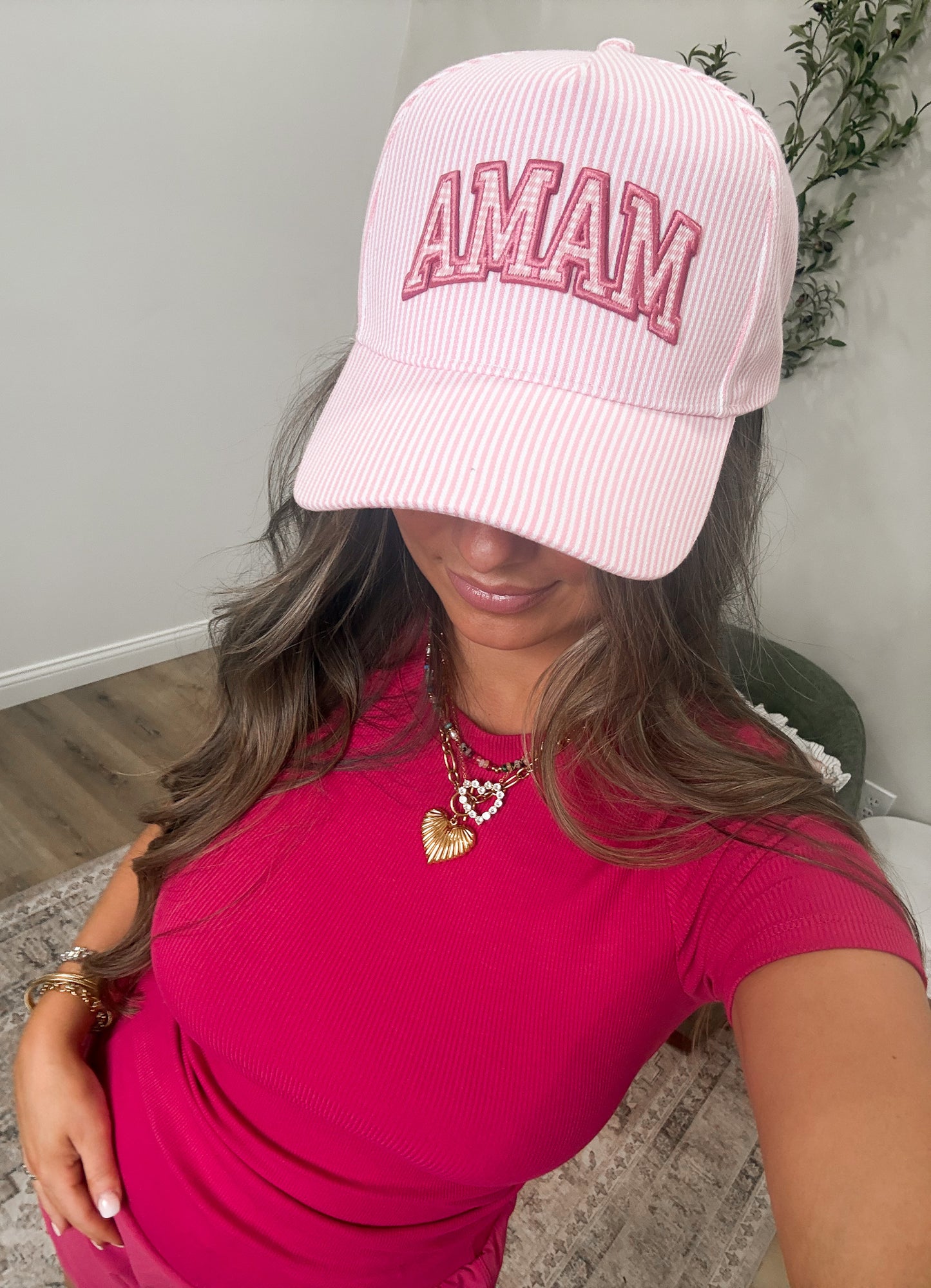 Embroidered "MAMA" Gingham Stripe Trucker Hat - pink