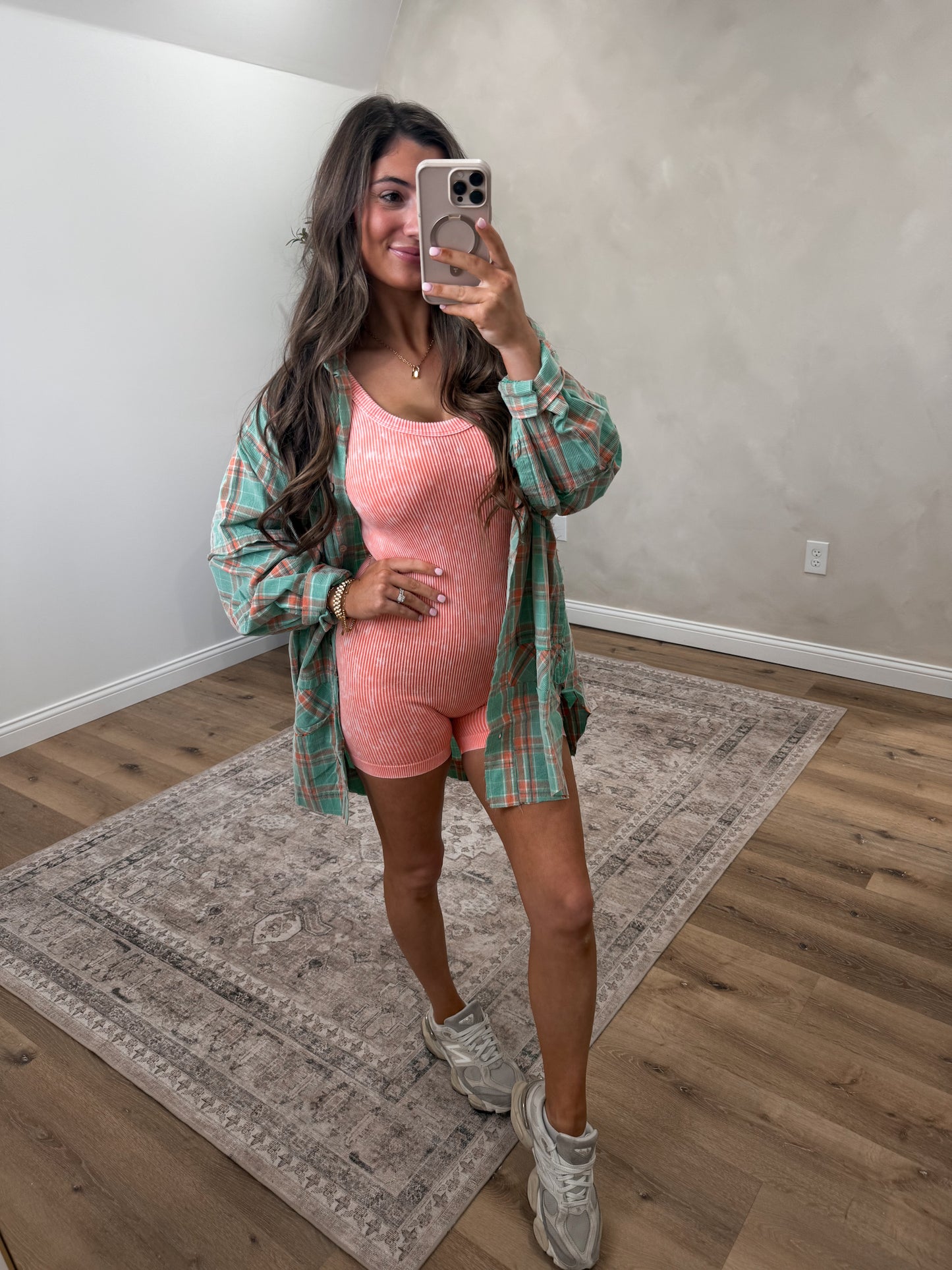 Stone Washed Ribbed Romper- coral