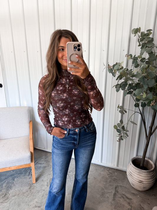 Tiffany Floral Mesh Top - Chocolate