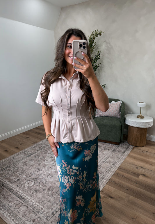 Pretty & Polished Pleated Waist Knit Top - beige