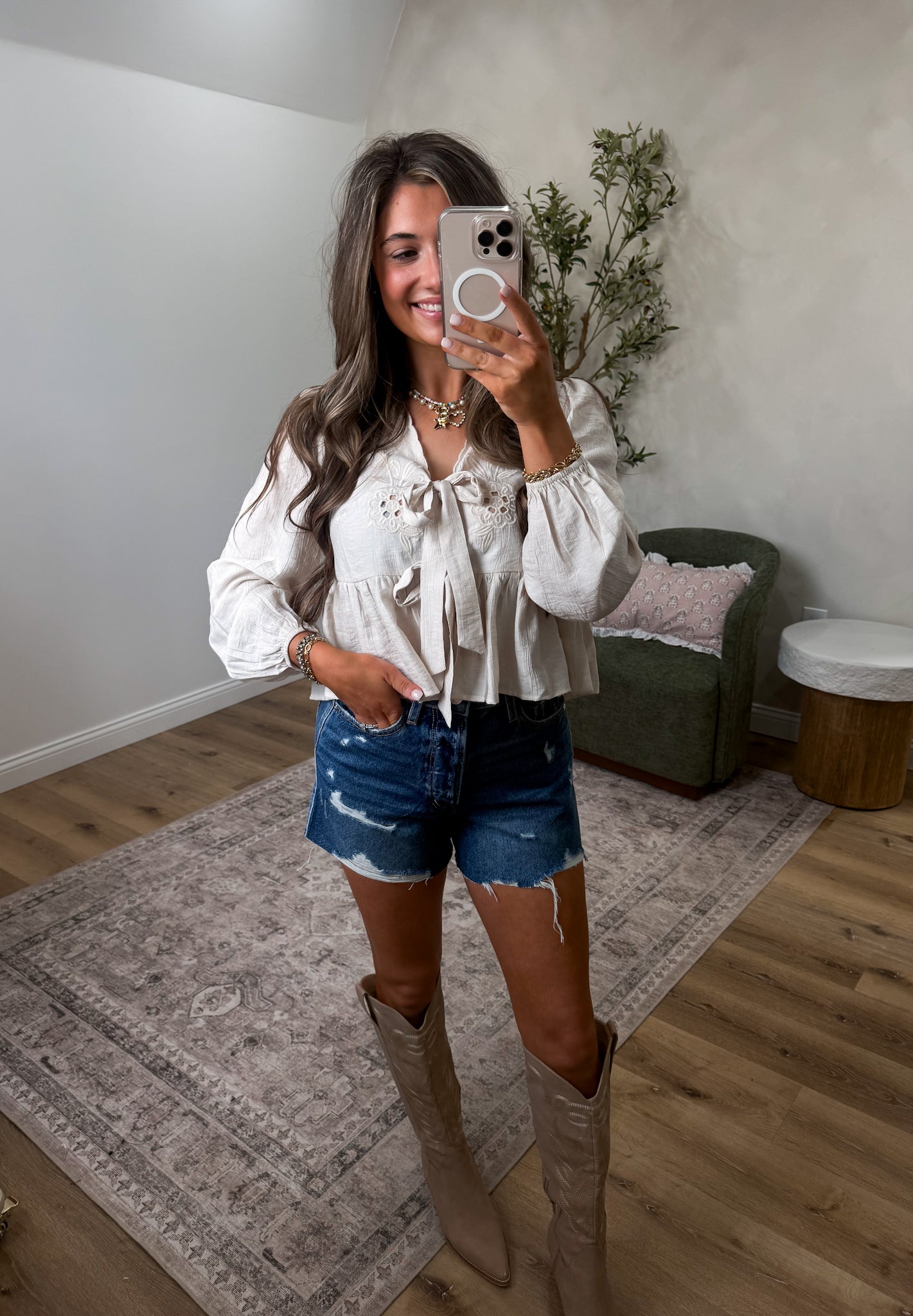 MeadowLight Floral Eyelet Embroidered Front Tie Top