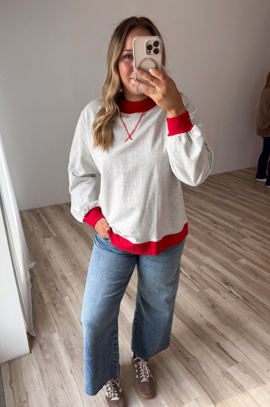Heartbreaker Mockneck Pullover- Grey/red
