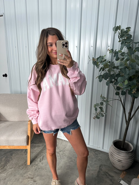 "MAMA" Varsity Print Crew- baby pink
