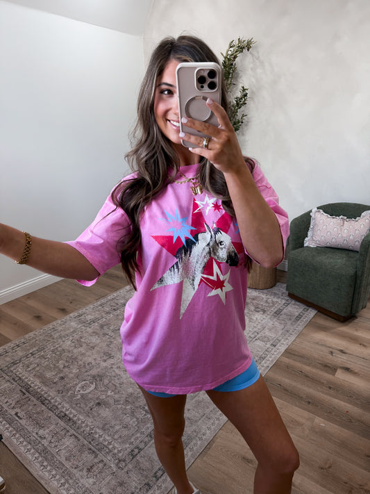 Star Horse Distressed Graphic Tee - bubble gum