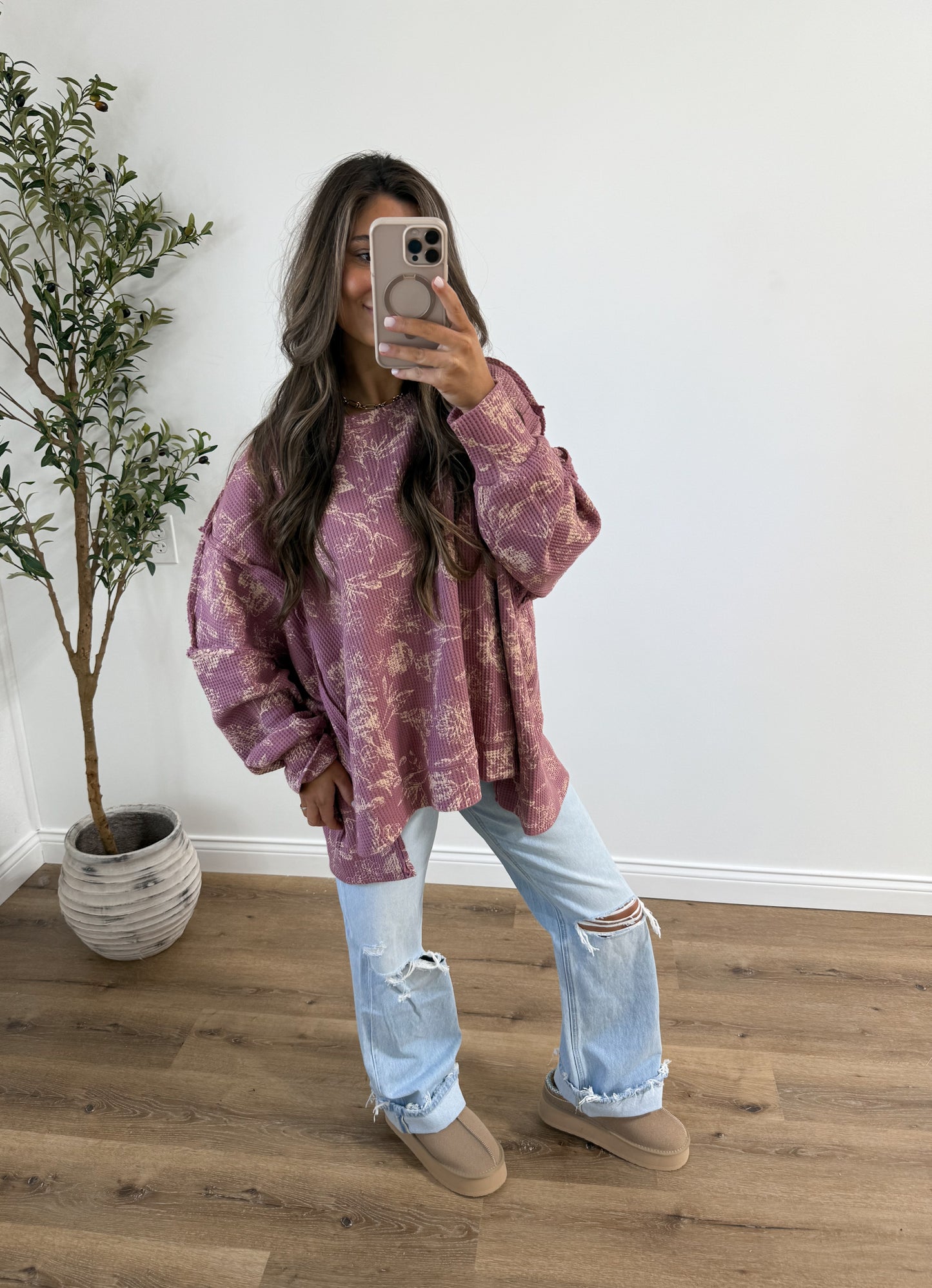 Floral Print Washed Waffle Thermal Sweatshirt