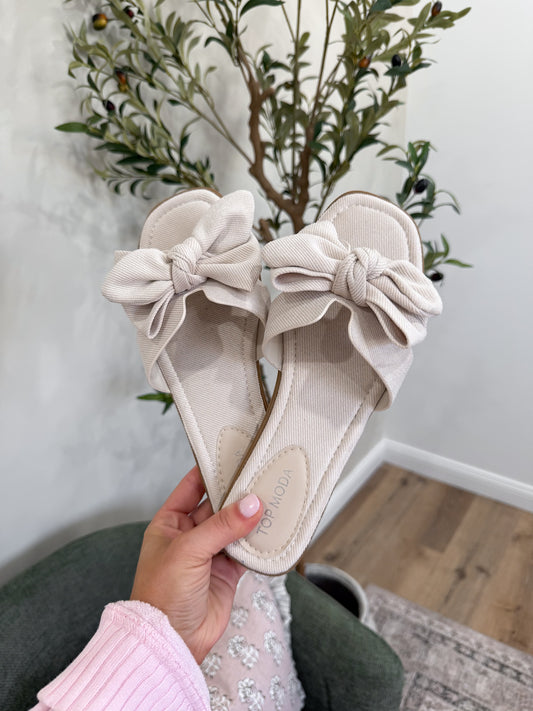 Bow Tie Denim Sandals - ivory