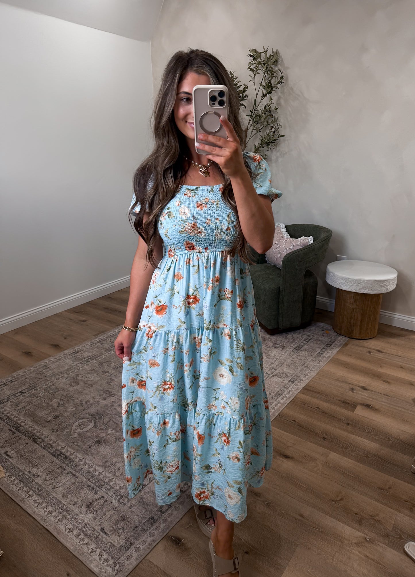 Garden Haze Floral Smocked Midi Dress - mint