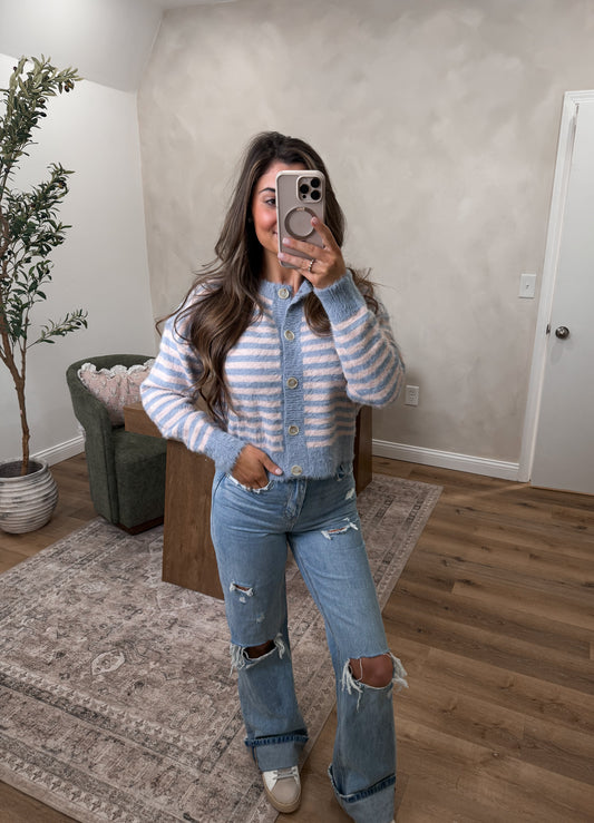 Person wearing a striped sweater and jeans taking a mirror selfie in a room with a plant and furniture.