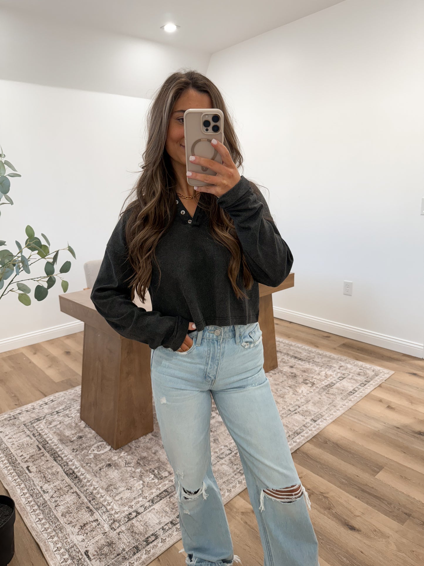 Mineral Washed Long-Sleeve Henley Top - Black