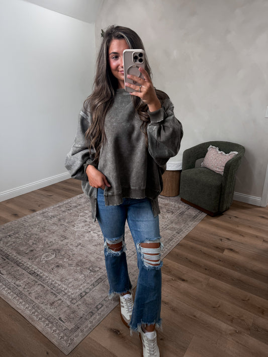 Hallie Mineral Washed Pullover - dark olive