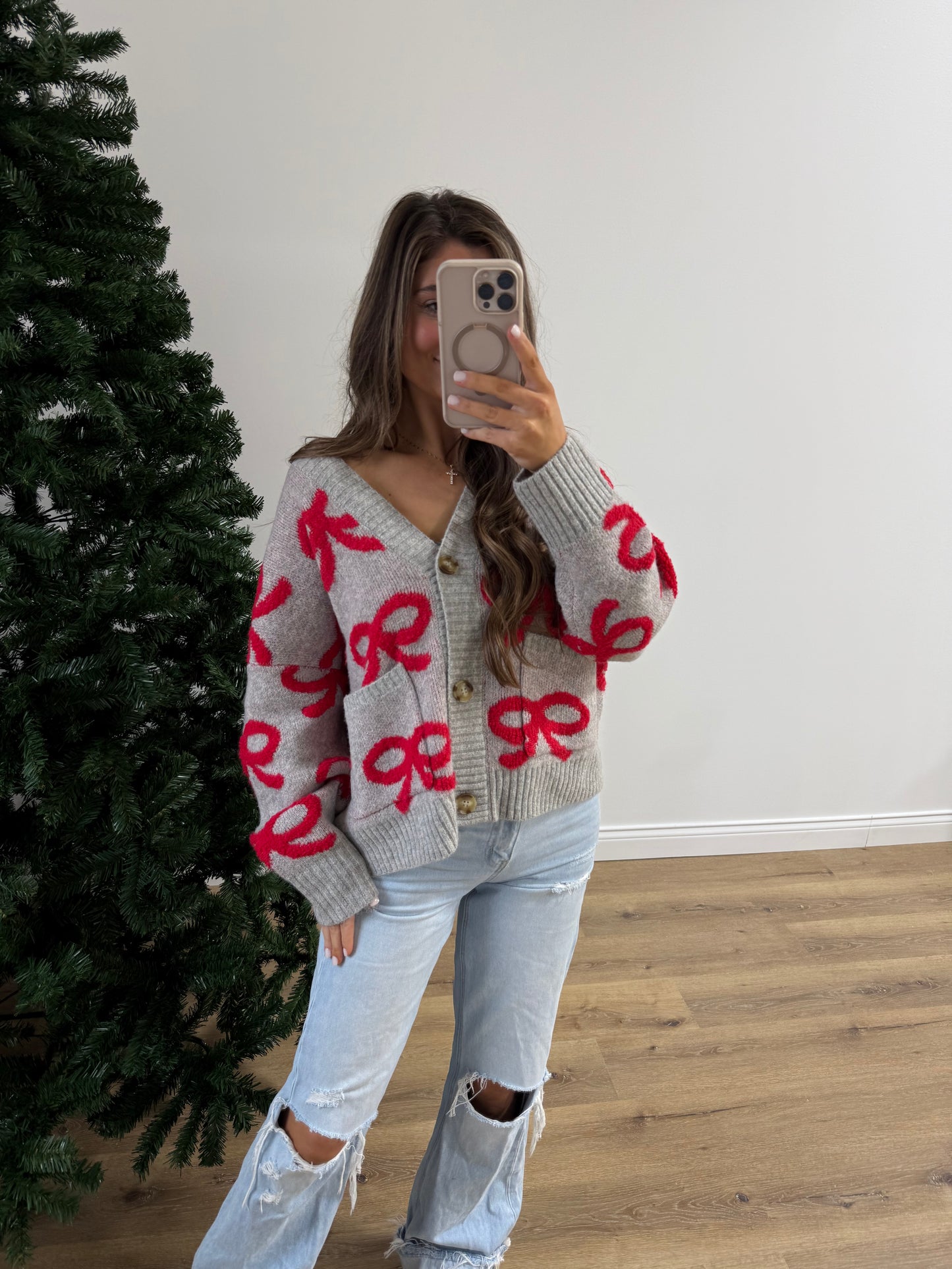 Bow patterned cardigan - Grey/Red