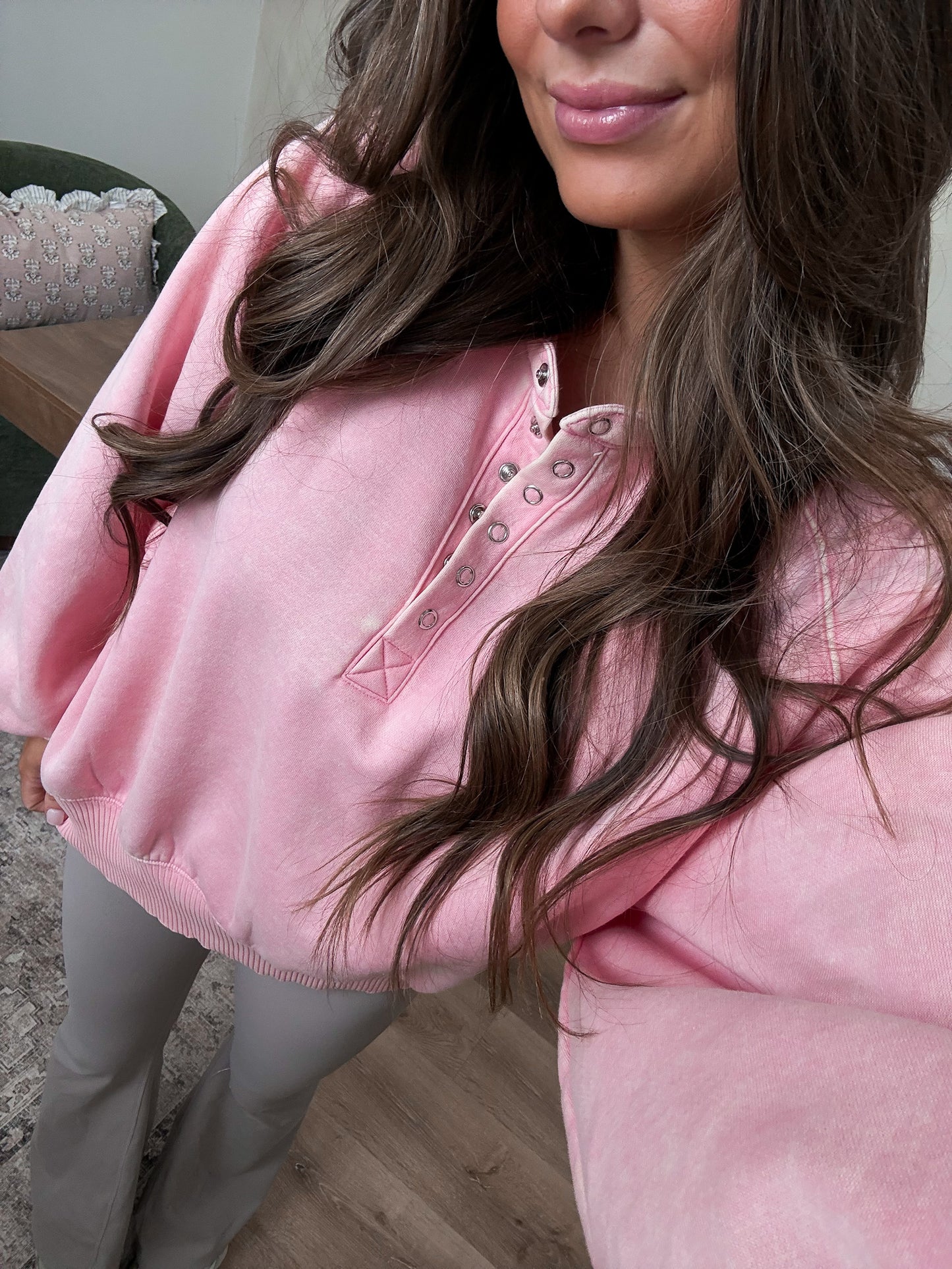 Megan Button Up Pullover - Strawberry Milkshake