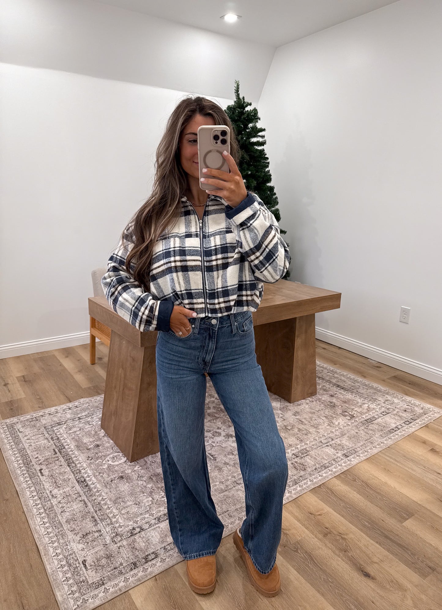 Flannel Cropped Bomber Jacket- navy