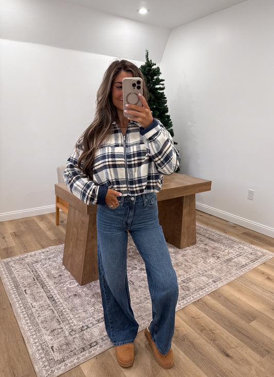 Flannel Cropped Bomber Jacket- navy