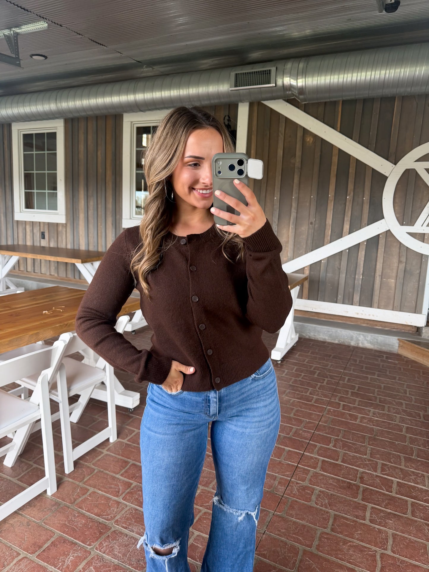 Button up Crew Neck Cardigan- Brown DOORBUSTER