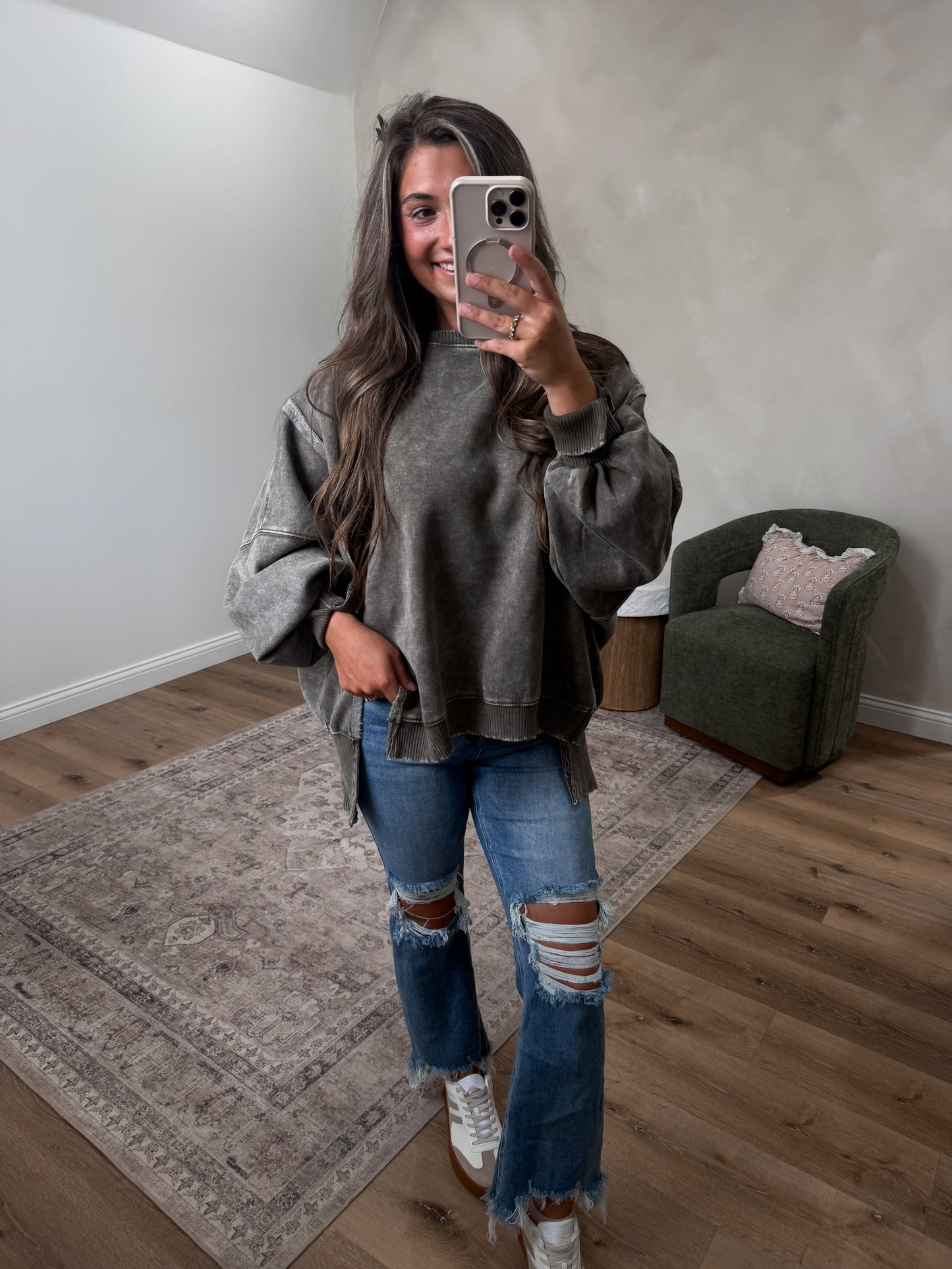 Hallie Mineral Washed Pullover - dark olive *PREORDER 8/28
