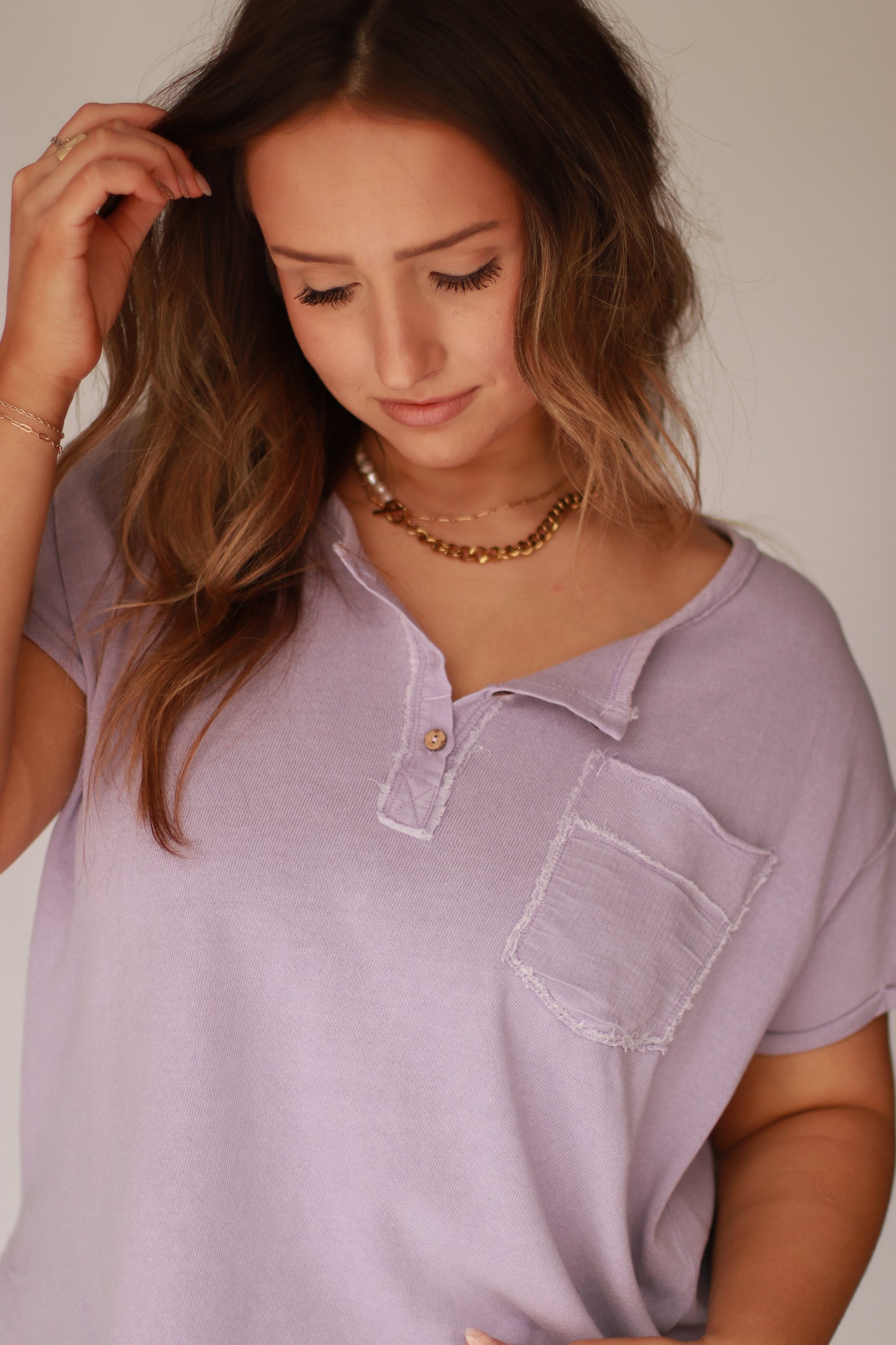 Garment washed short sleeve henley- lavender