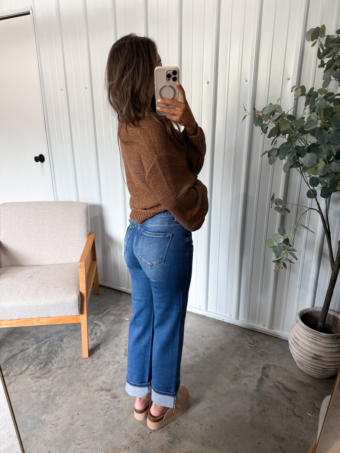 Cuffed Straight Jeans - medium wash