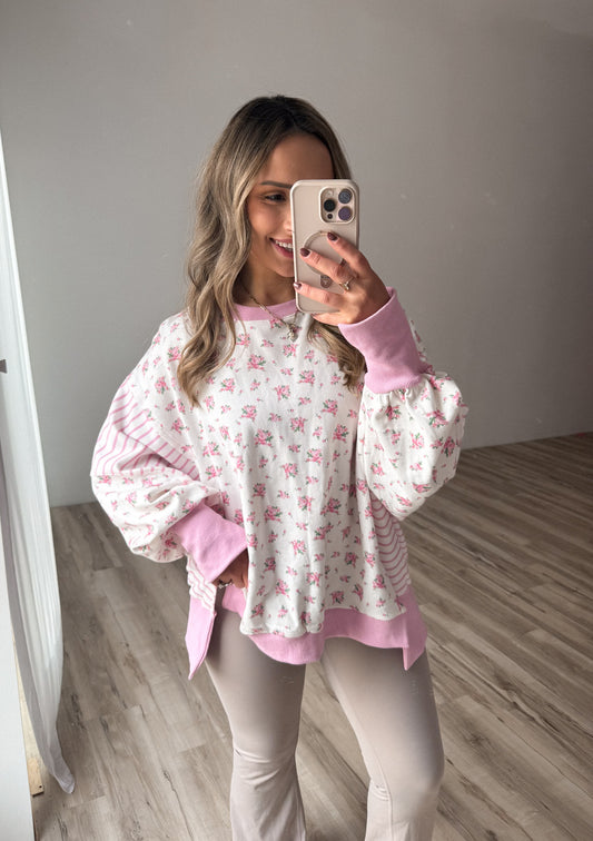 Claire Floral Striped Pullover - Pink