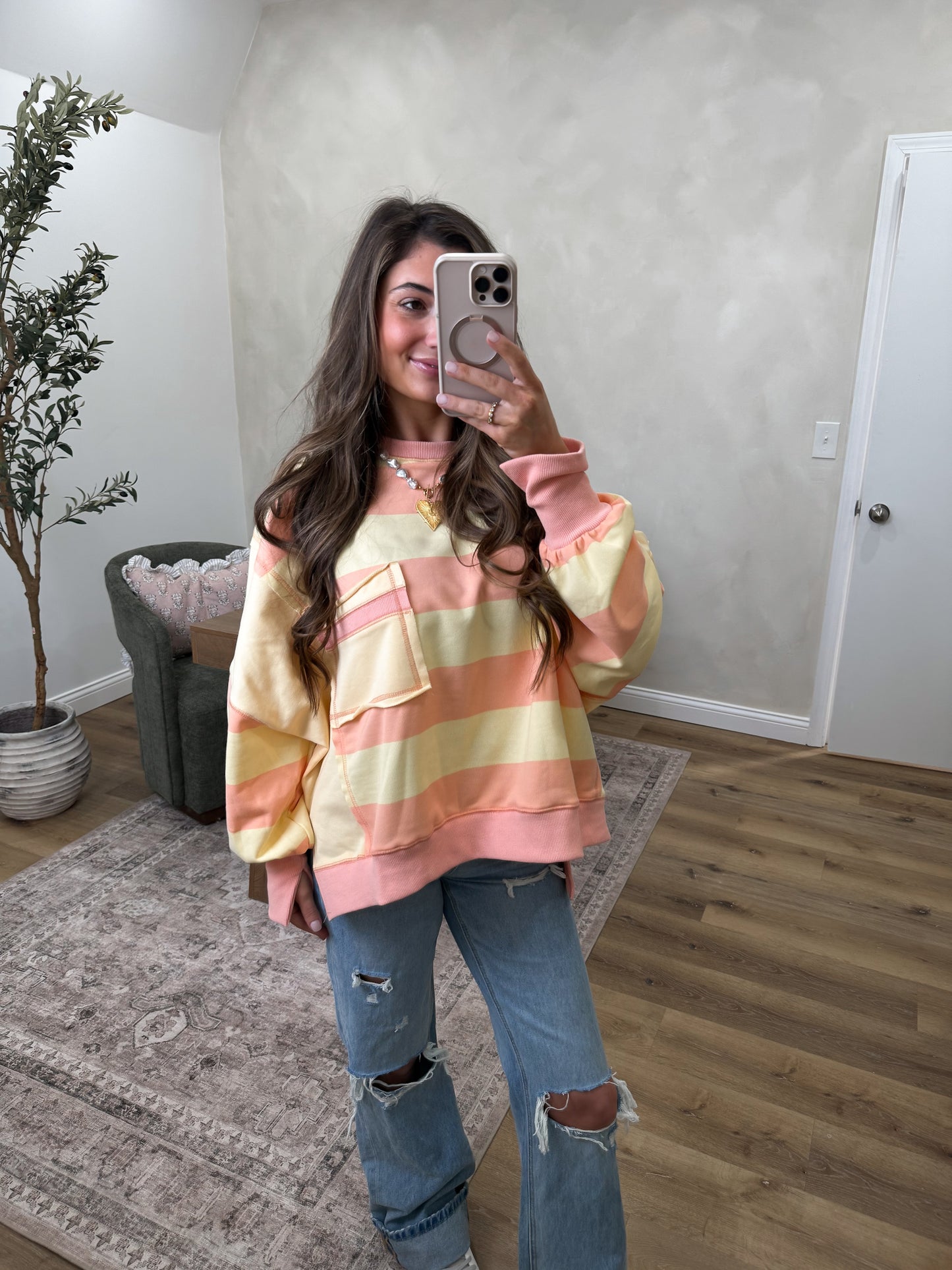 Striped Color Block Sweatshirt - peach/yellow