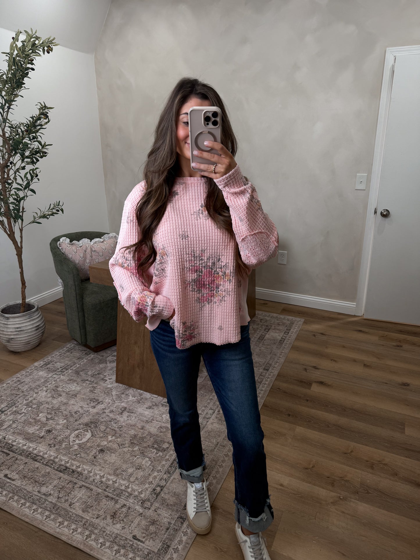 Remi Waffle Pullover - Pink floral
