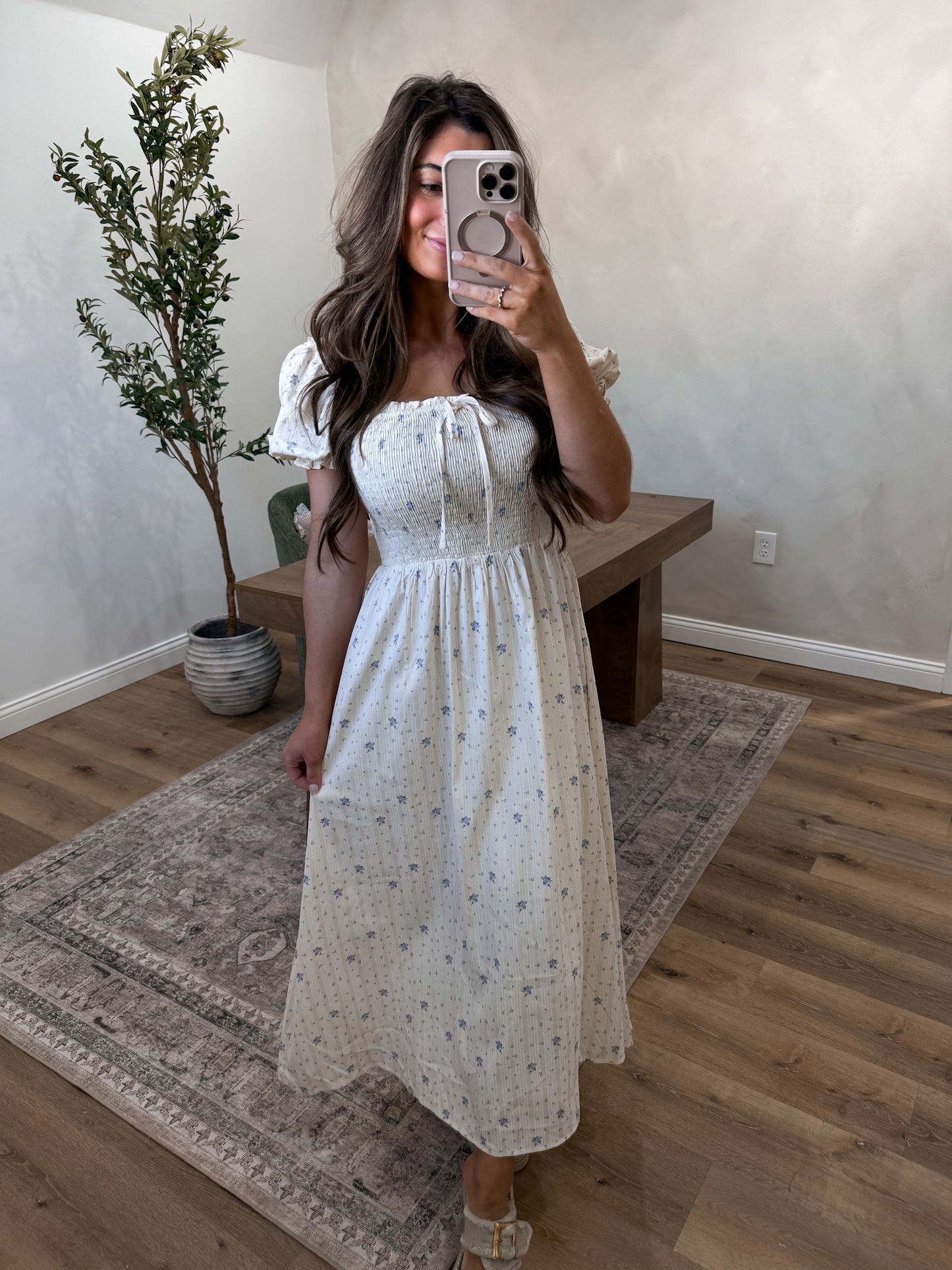 The Soft Spoken Smocked Floral Midi - cream