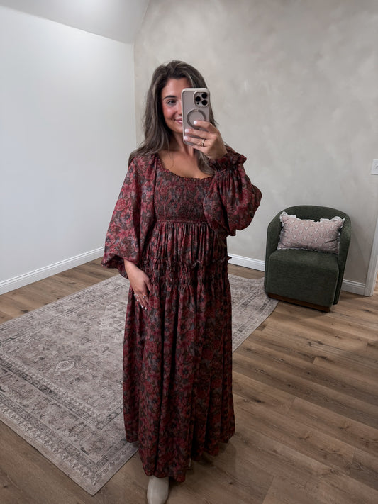 Cranberry Fields Floral Smocked Ruffle Maxi Dress