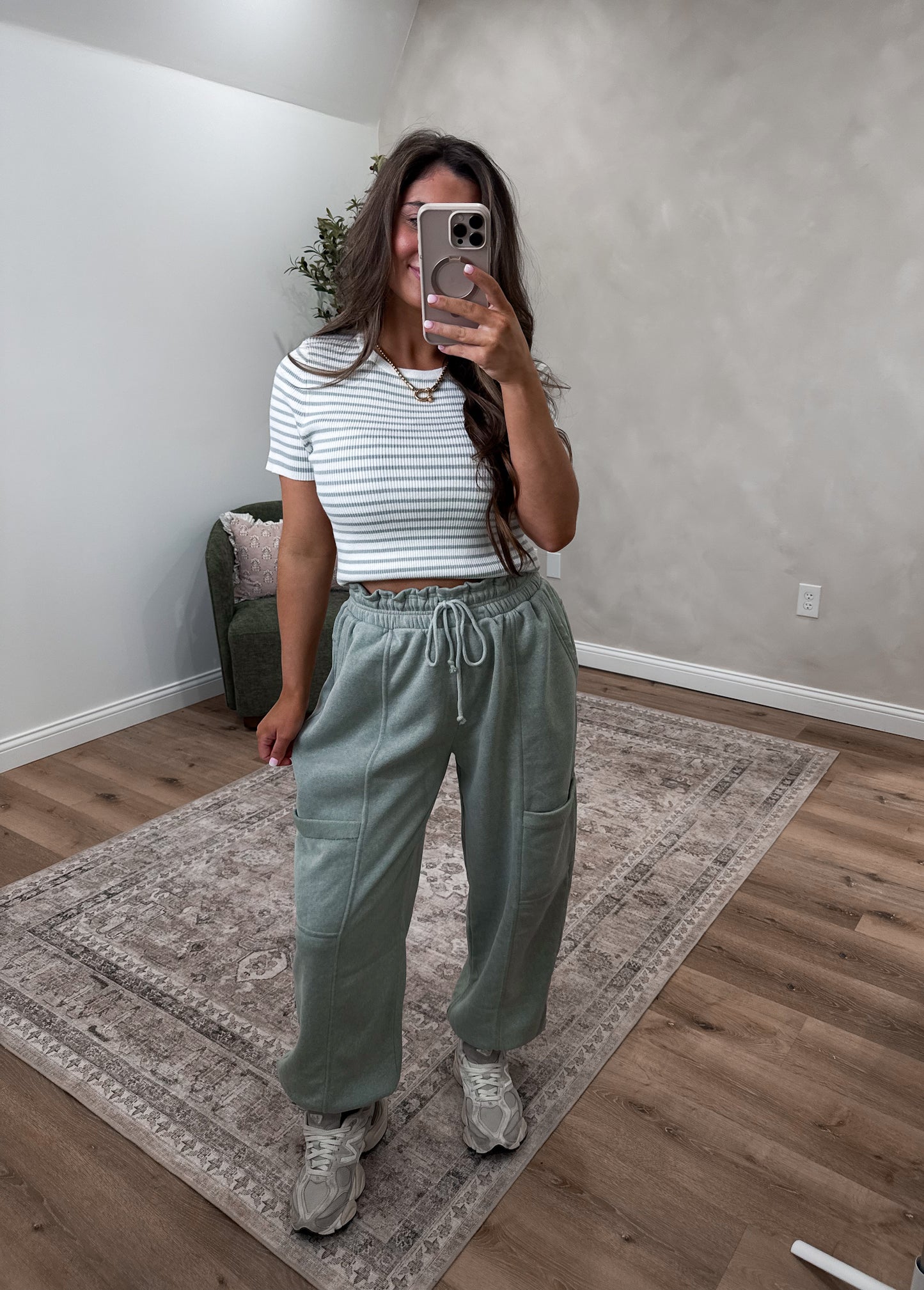 The Rori Ruffle Waist Burnout Joggers - sage green