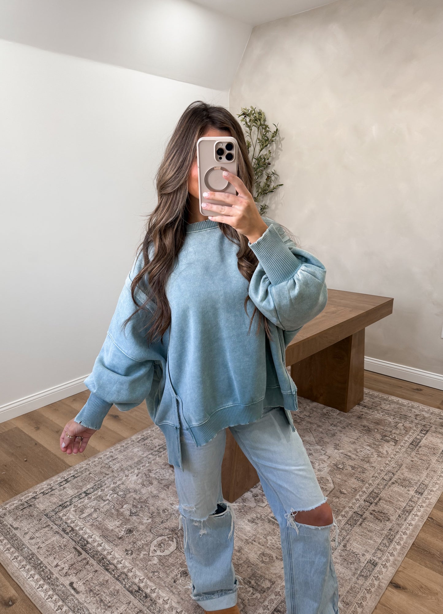 Washed Exposed Seam Pullover- Ash Blue