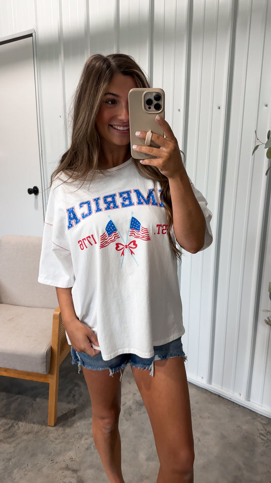 America Rhinestone Tee- White