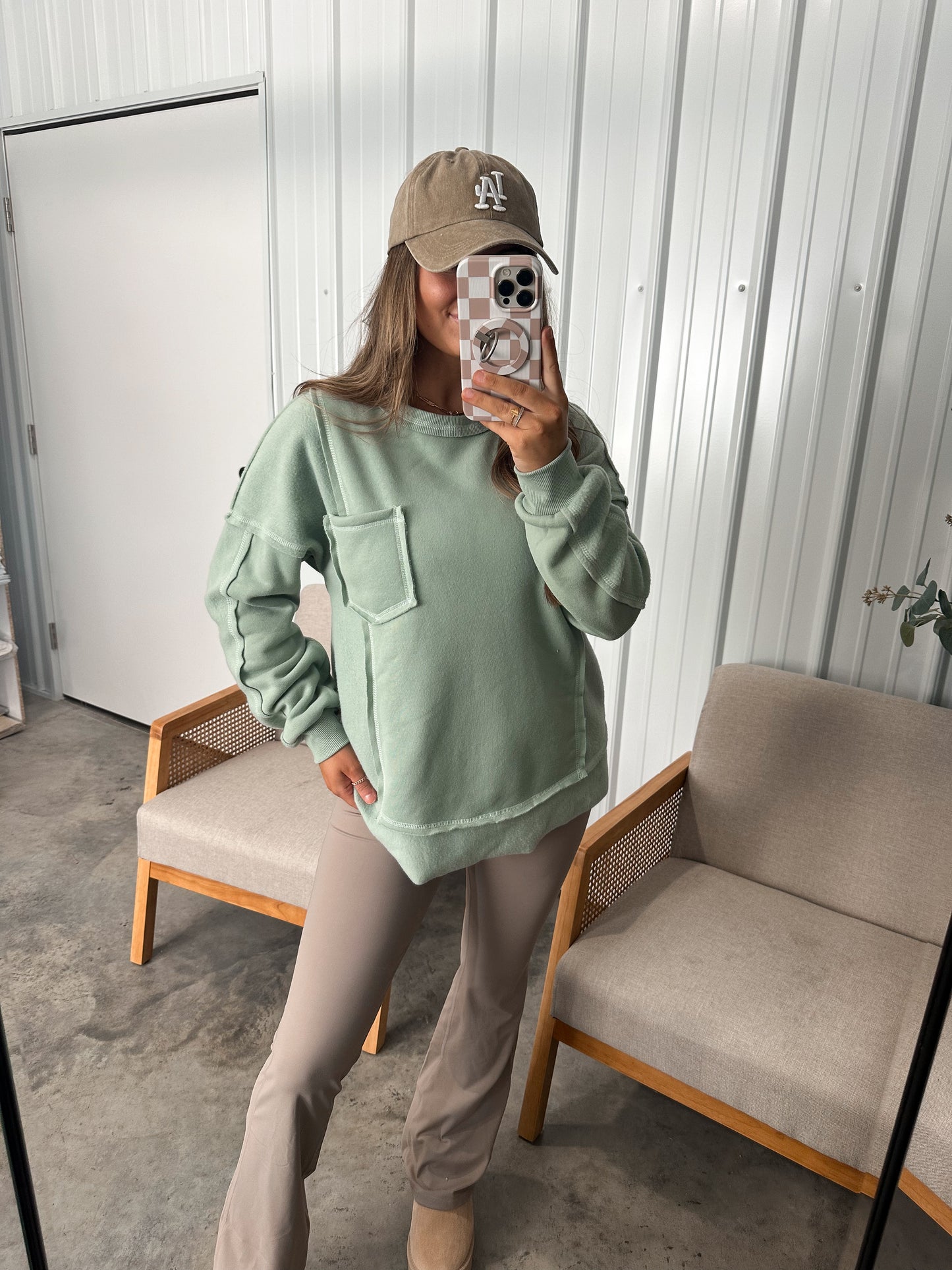 Contrast French Terry Knit Oversized Comfy Top - Seafoam