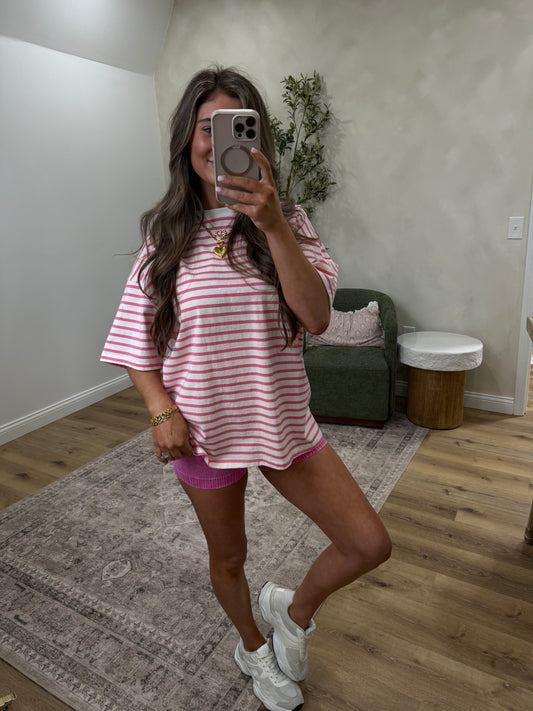 Cotton Oversized Mineral Wash Striped Tee - pink