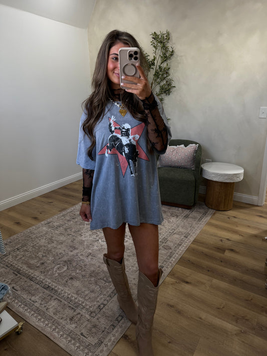 Bronc Star Western Cowboy Rodeo Graphic Tee - denim
