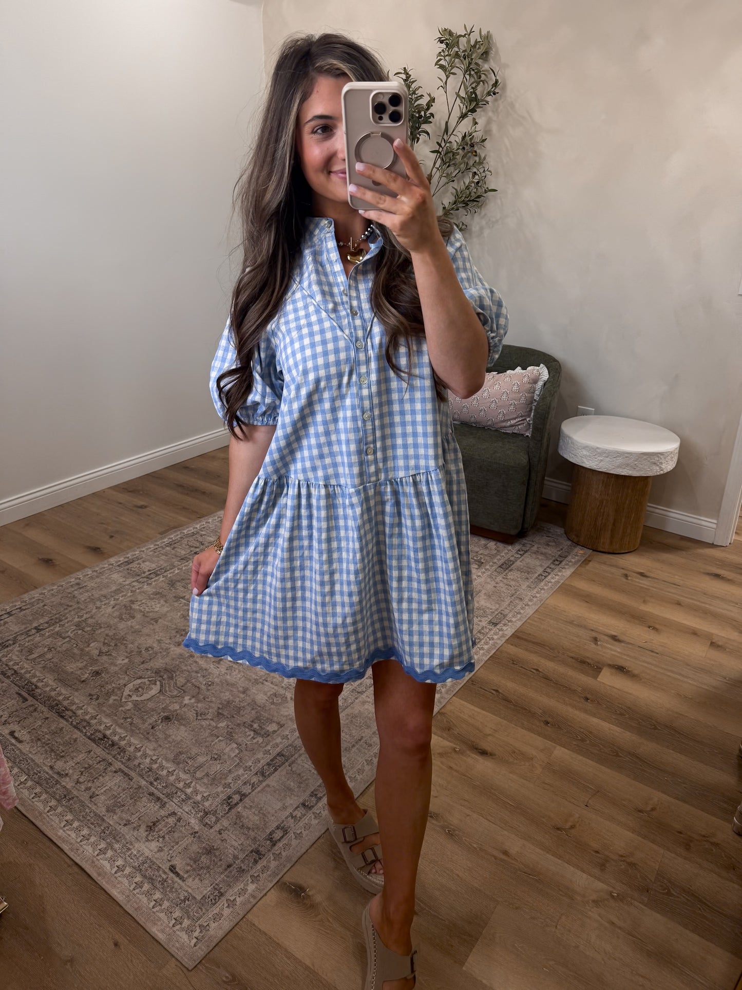 Free Flowing gingham Mini Dress - sky blue