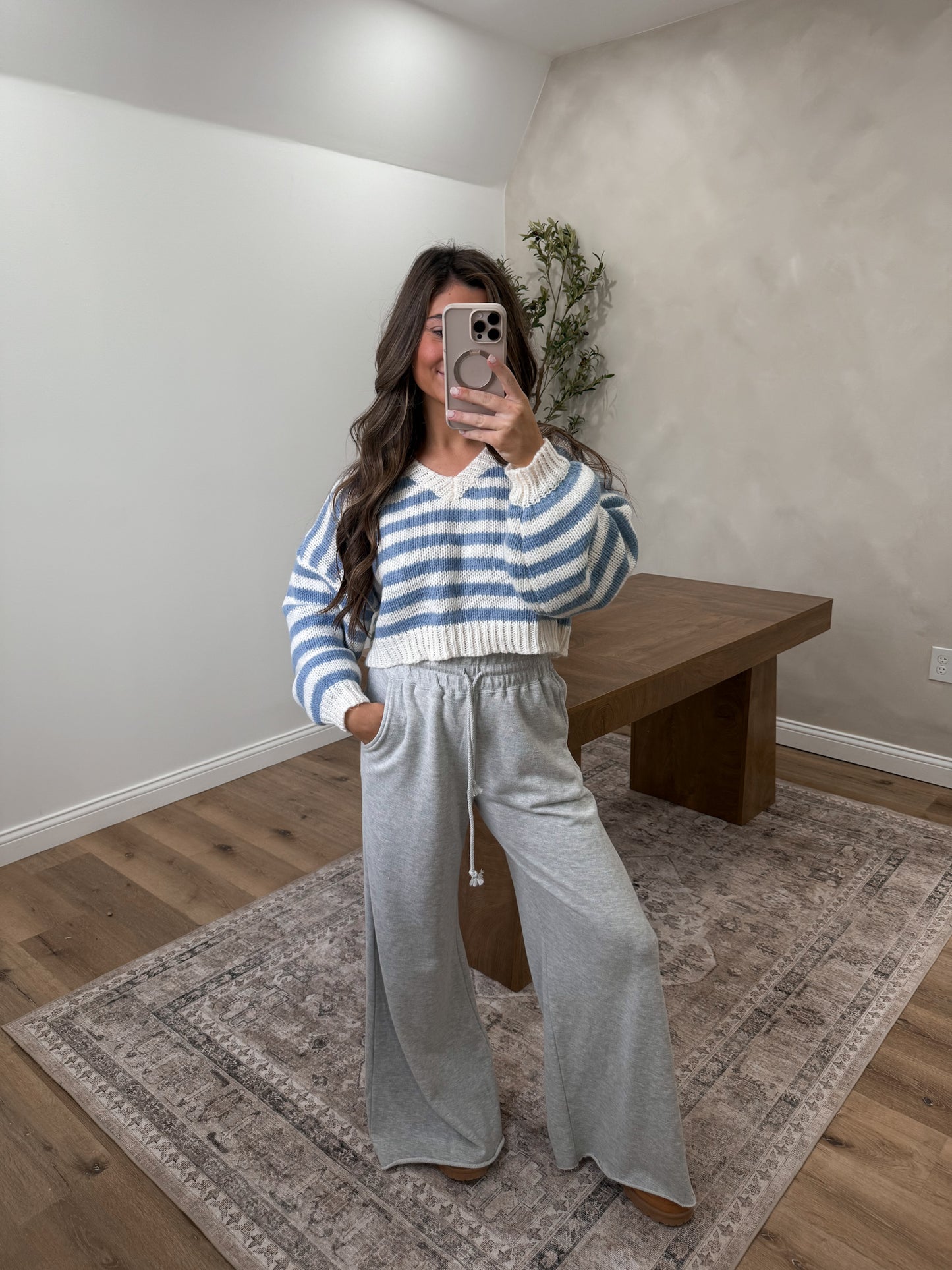 Simply Striped Vneck Sweater- Blue