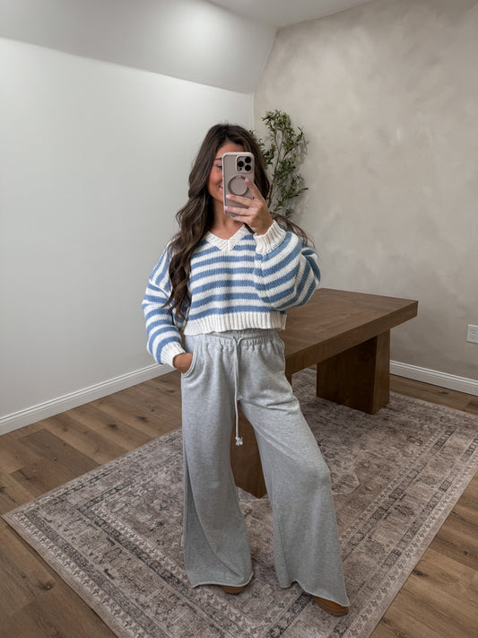 Simply Striped Vneck Sweater- Blue