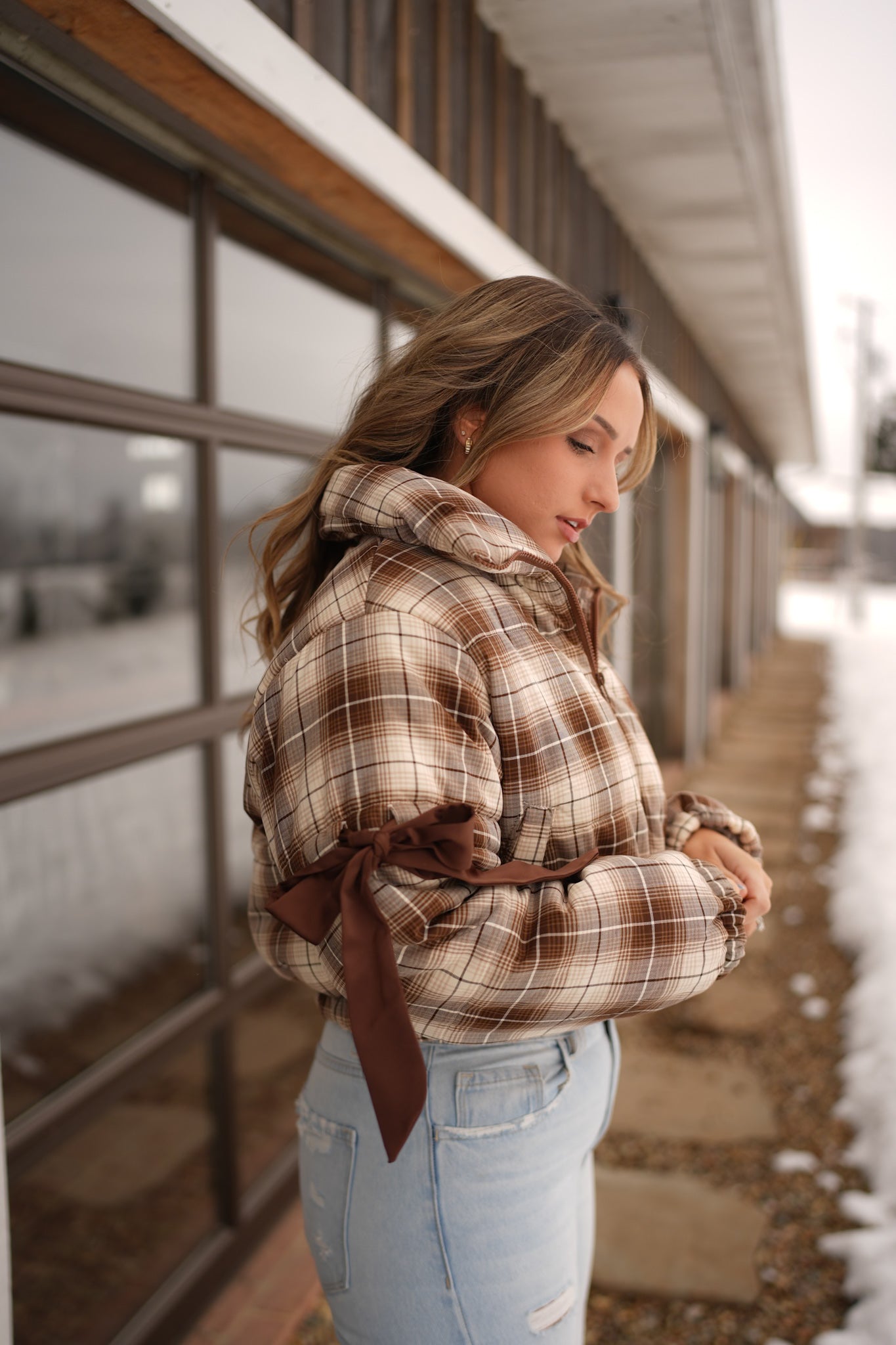 Satin Ribbon Puffer Jacket - brown/ivory