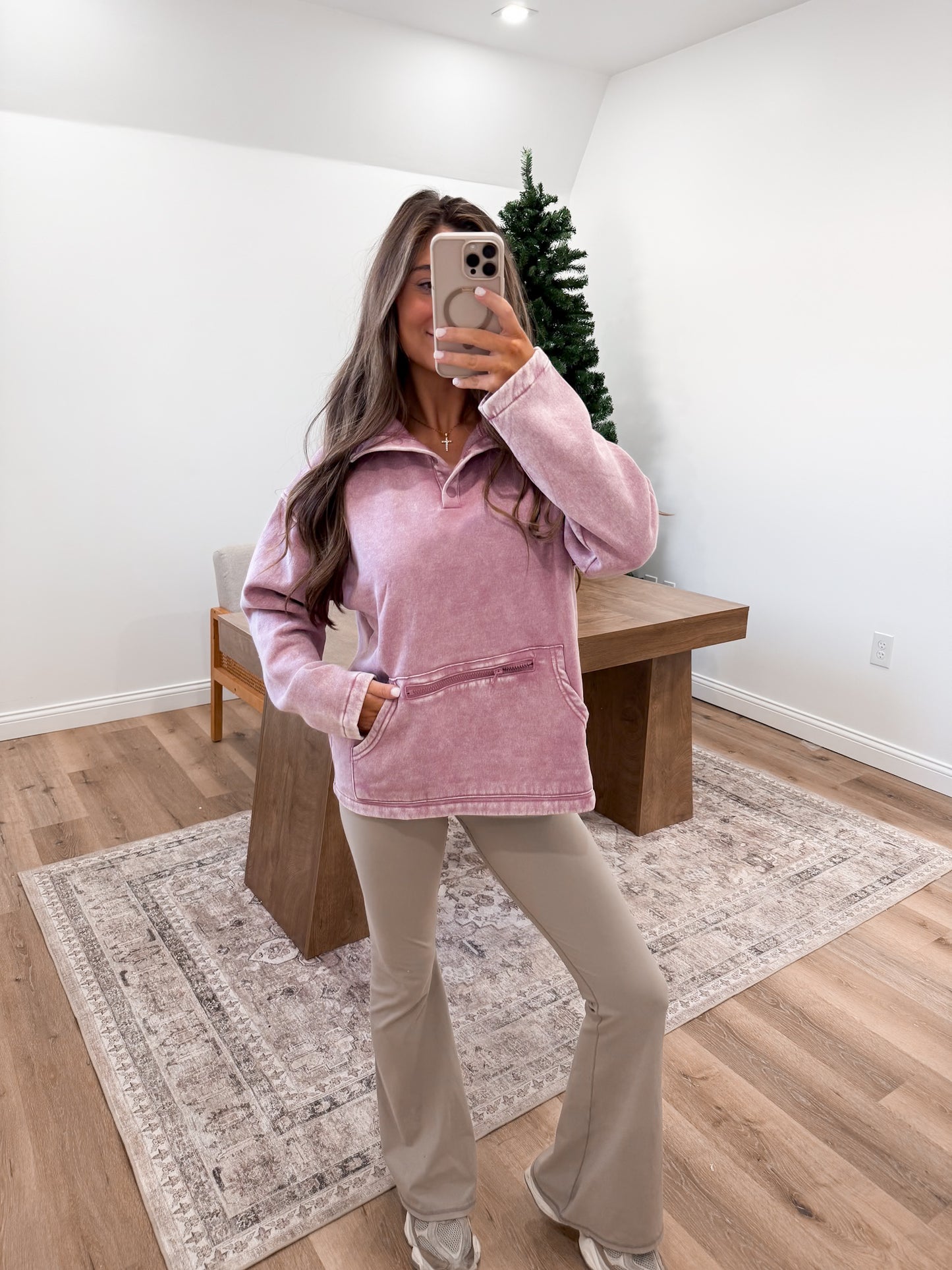 Half Snap Kangaroo Pocket pullover- Light Rose