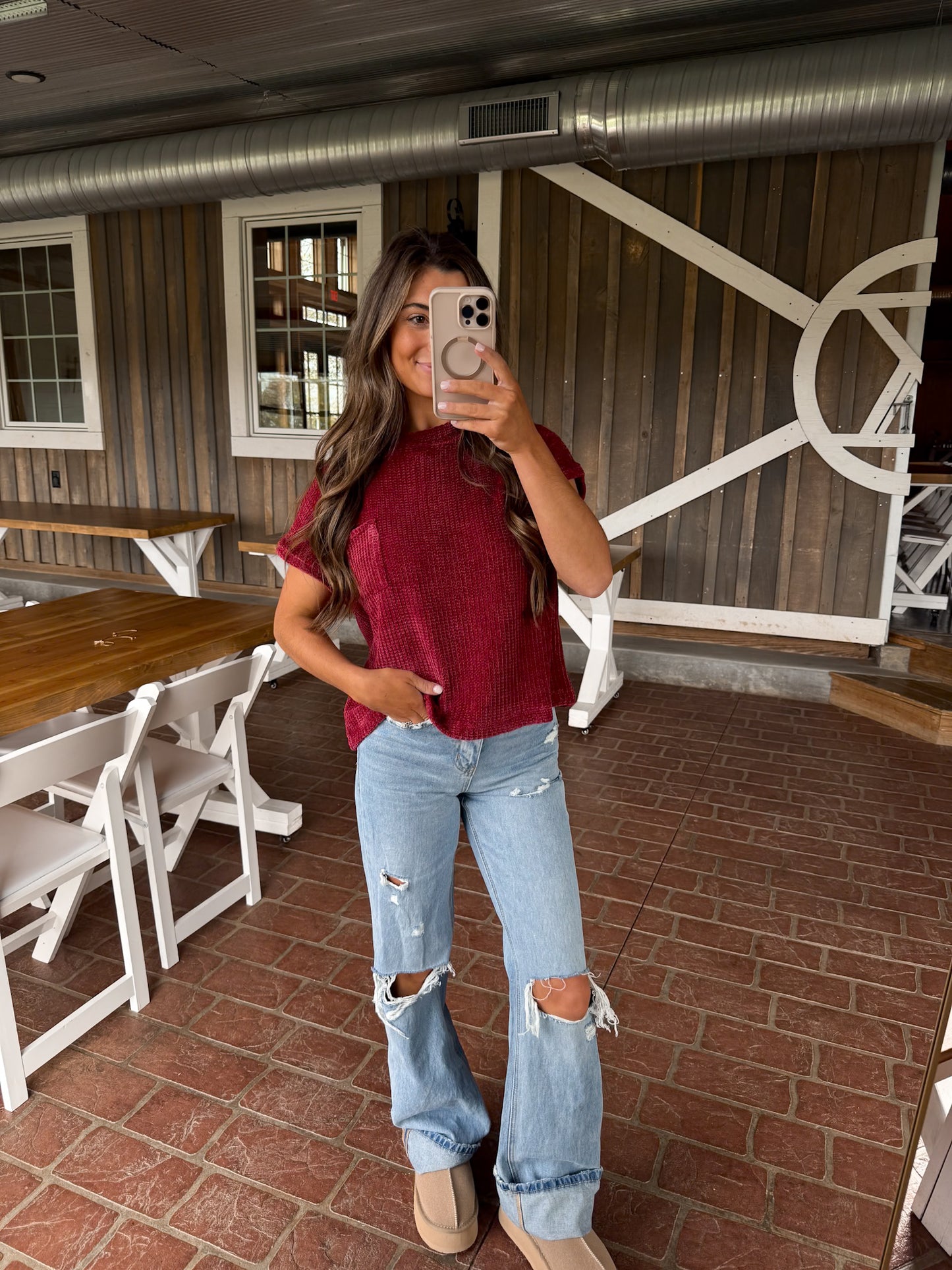 Chenille Waffle Short Sleeve Sweater- Burgundy DOORBUSTER