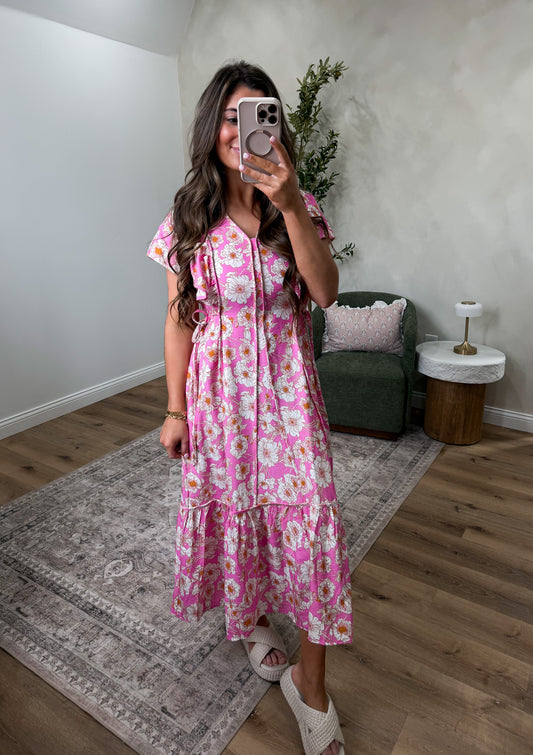 Vibrant Valorie Floral Midi Dress - pink mix